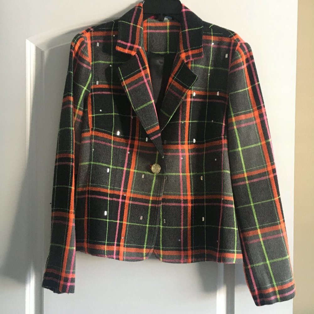 NEW MARKDOWN! Scattered Sparkles Colorful Plaid Wool Blazer Size L